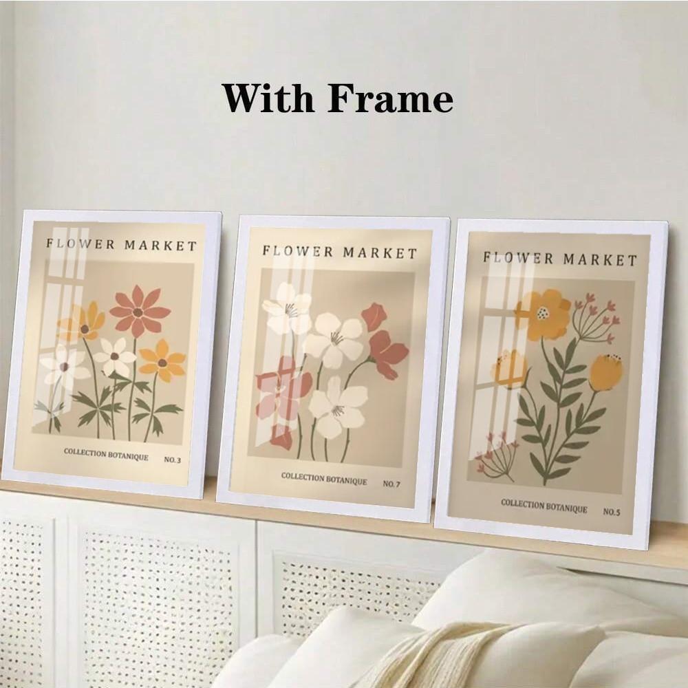 3-Piece Optional Wooden Frame Bohemian Abstract Flower Market Plant Poster Moisture-proof Canvas High Saturation No Color Difference Nordic Living Room Mural