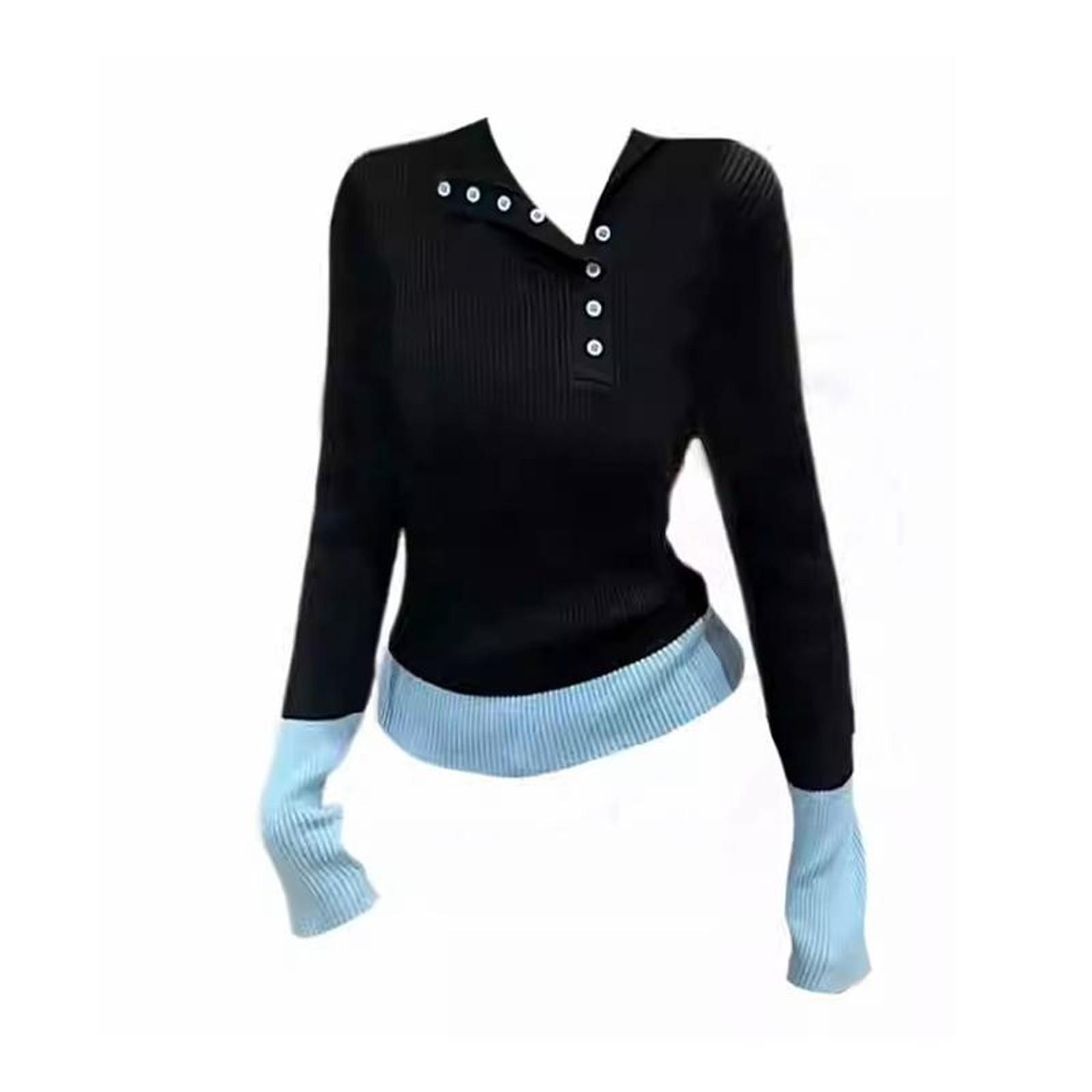 2000s Women Black Gothic V-Neck Knitwear Pullover Long Sleeve Patchwork Knit Sweater Harajuku Vintage 2000s Emo Sweater Clothes Autumn Womenswear Tops
