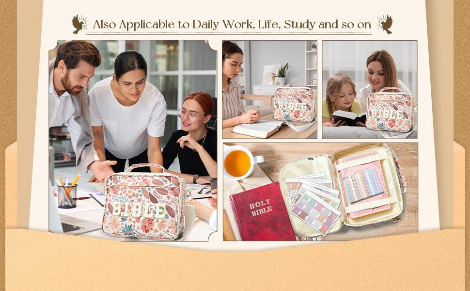 Bible Bag for Women, Floral Bible Bag 12x9x2.5in Large Chenille Letter Bible Cover PU Leather Bible Case with Tabs Colored Pen Highlighters Tote Bag with Shoulder Strap, Bible Journaling Kit Easter Gift for Church Women Girls,Sunday Prayer Supplies