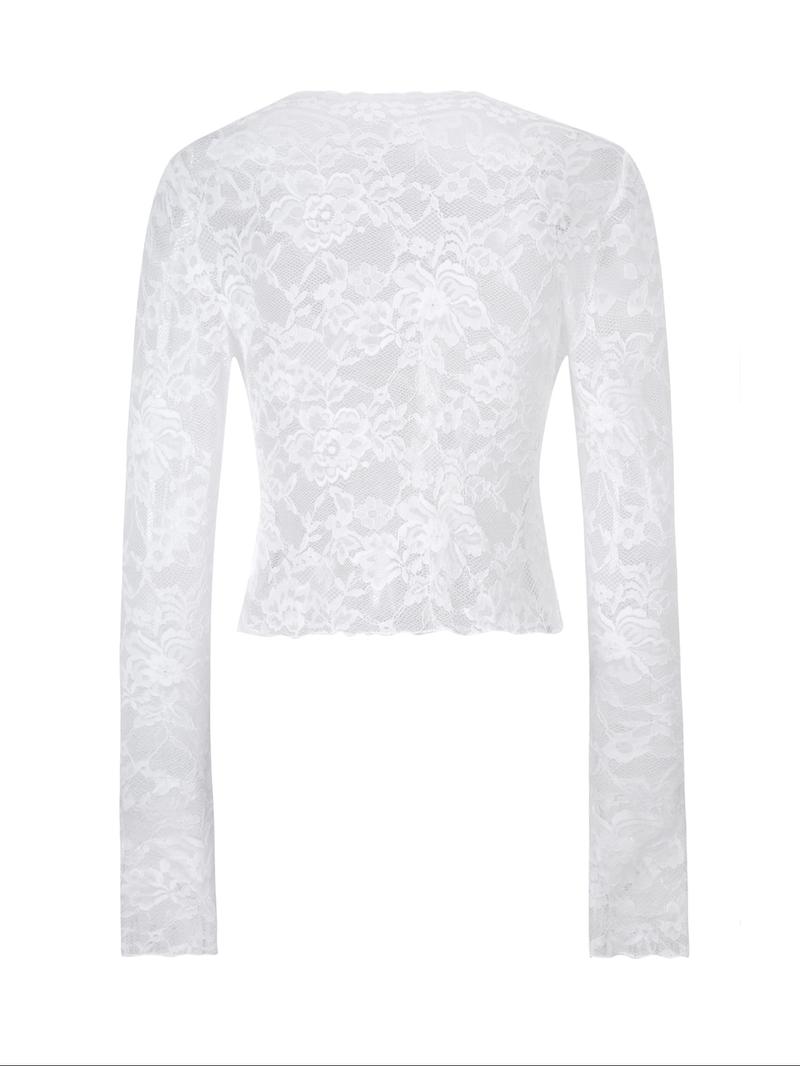 Elegant Sexy Lace Bow Short Long Sleeve Top, Fitted Plain Design for Spring & Fall, Women's Fashionable Blouse