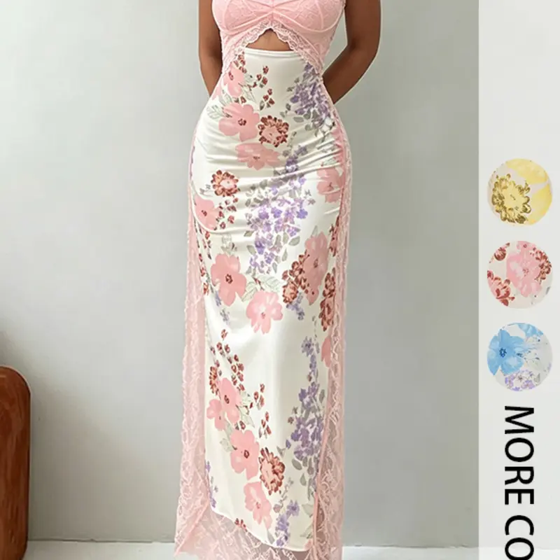 Women's Ditsy Floral Print Lace Insert Dress, Summer Apparel, Boho Sleeveless Long Dress for Beach Vacation, Date Night Dresses, Womenswear