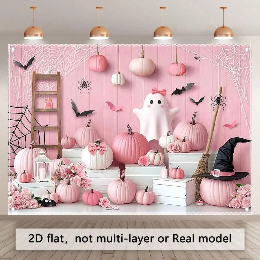 Pink Halloween Soft Polyester 2D Flat Wallpaper - Ghost, Witch, Bat, Pumpkin Designs - Easy-to-Hang, No Electricity Required - Party Decor for Rooms, Photo Backdrops, Ghost/Bat/Pumpkin