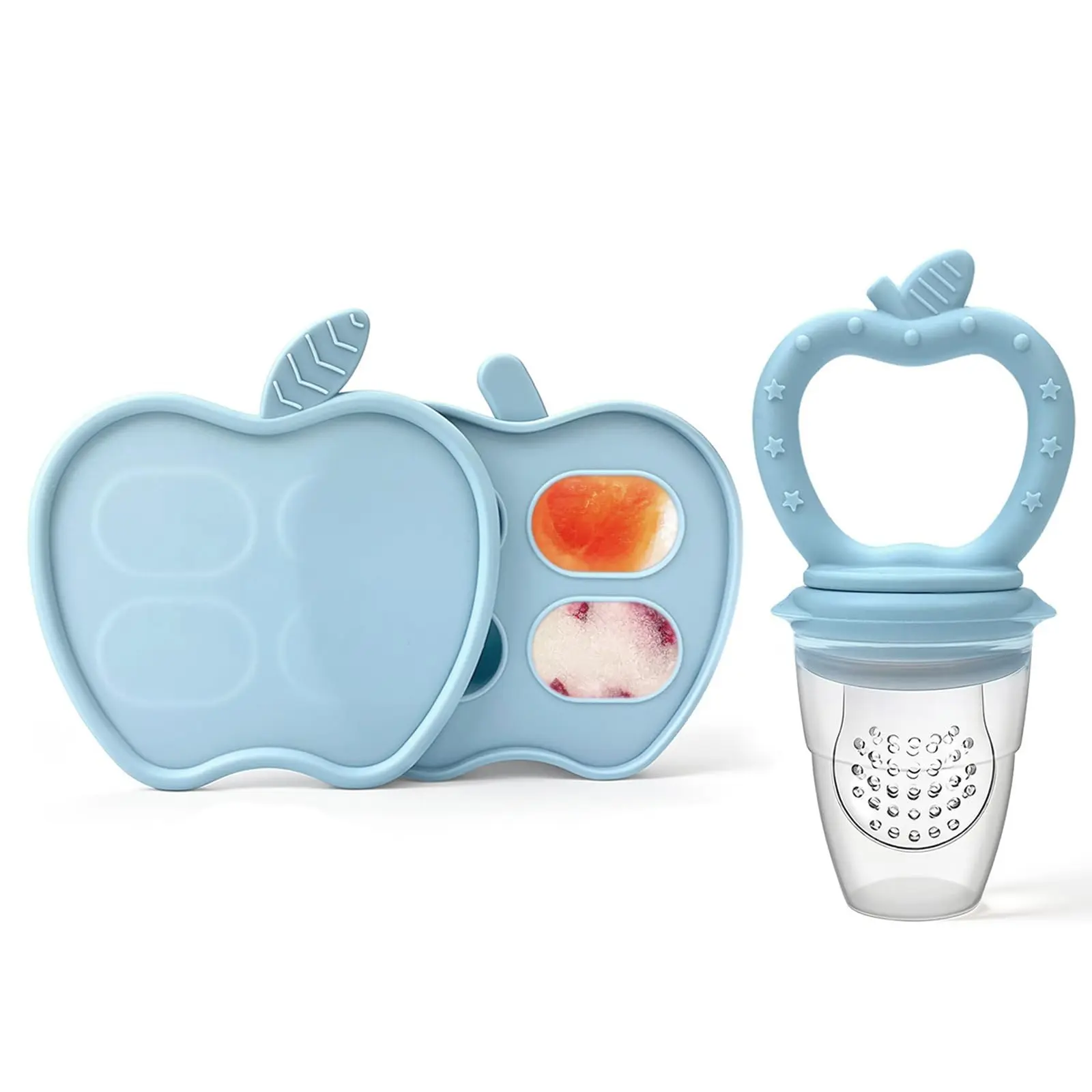 Baby Fruit Teether Silicone Ice Cube Tray, Infant Food Storage Container with Lid, Soft Silicone Feeding Set, Vegetable & Fruit Helper Tool