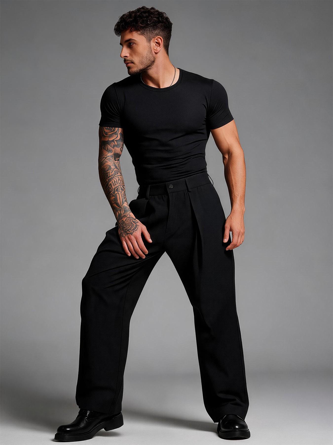 Men's High Waist Pleated Wide Leg Dress Pants, Casual Straight Leg Trousers with Button Detail, Relaxed Fit Business & Streetwear Pants for Men, Menswear