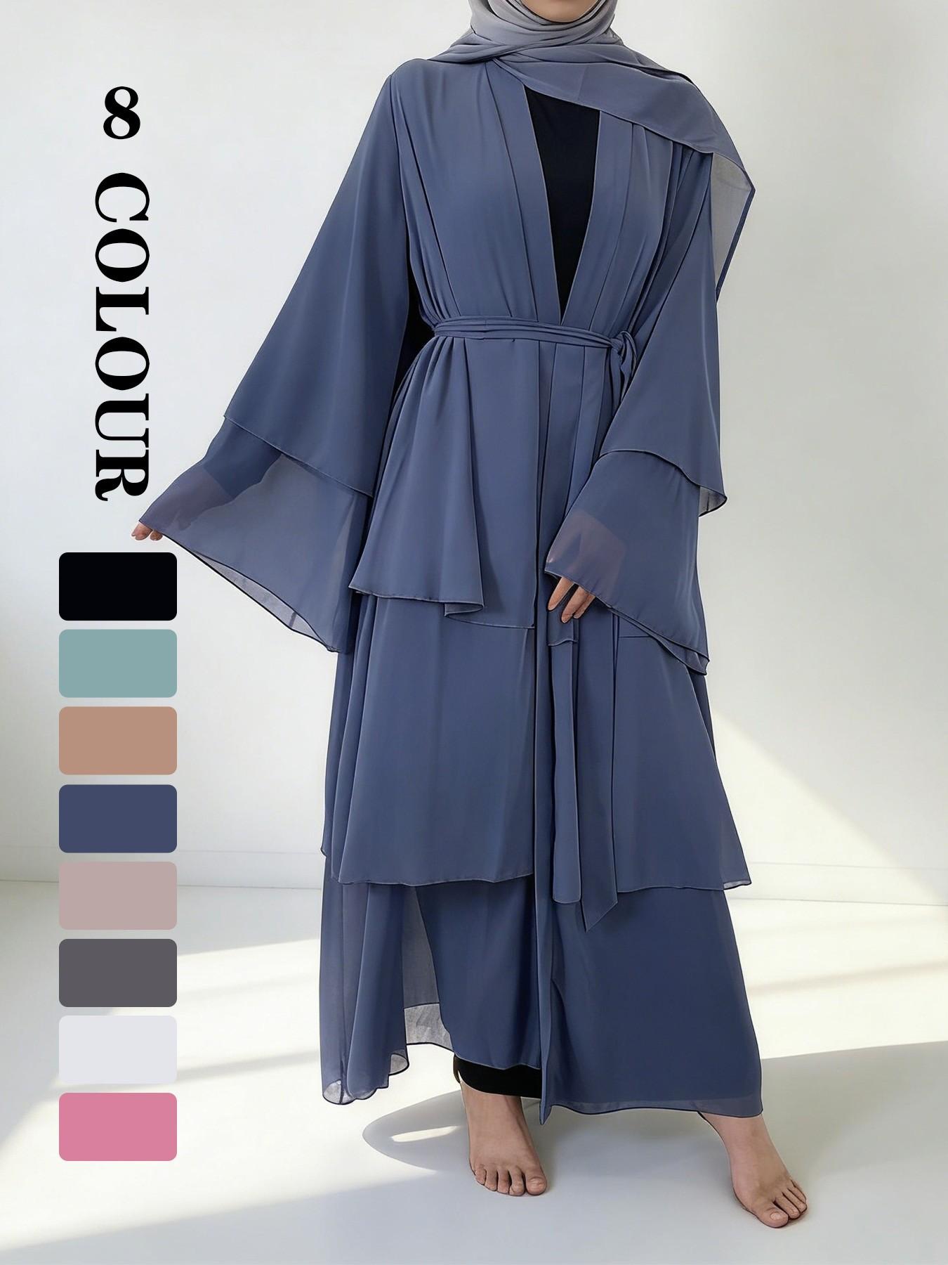 Spring Summer High-Quality Chiffon 3-Layer Eid Abaya with Belt, Modest Muslim Outfits, Casual Party Dress, Comfortable Breathable Fabric, Perfect for Weddings, Arab Wedding Attire, Modest Islamic Clothing
