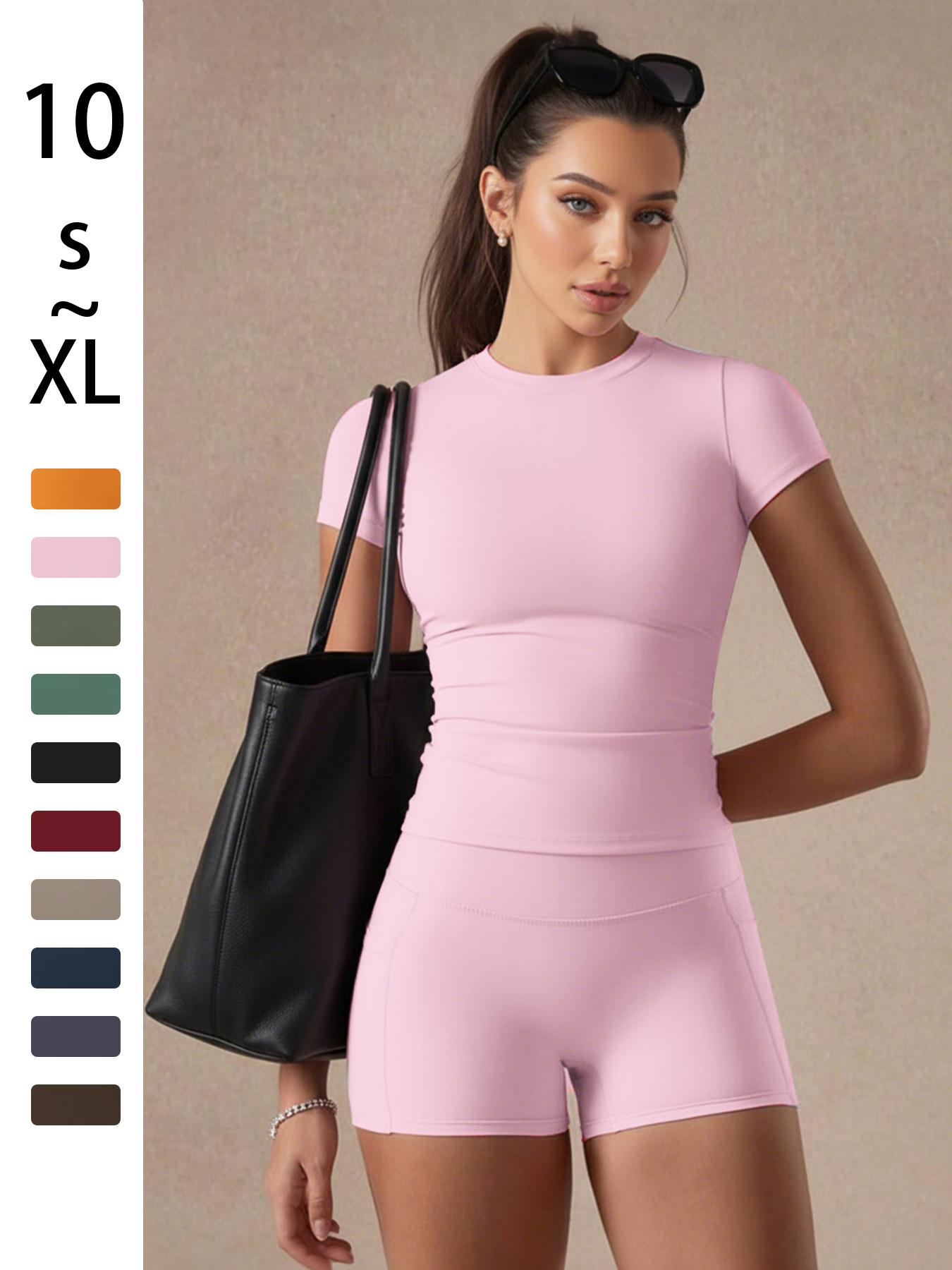 Women's Solid Color Set, Basic Versatile T-Shirt Top, Fashion Multi-Purpose Slimming Hip-Lifting Gym Shorts, Yoga Fitness Gym, All Season Activewear, Athletic Style Activewear