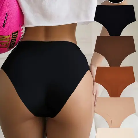 5 Pack Women's Second-Skin Seamless High Rise Soft Stretch Panties, High Waisted Seamless High Waist No Show Solid Seamless Panty Plain Panty 5+ Colors Breathable Nylon Spandex Blend Tummy Control All-Day Comfort Underwear Soft Comfy Panties