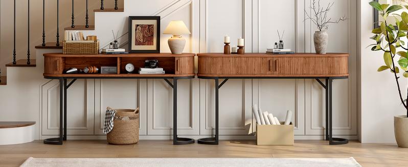 【Valentine's Day Gift】ONBRILL 55.1" Fluted Console Table With Tambour Doors And Metal Base For Hallway, Living Room