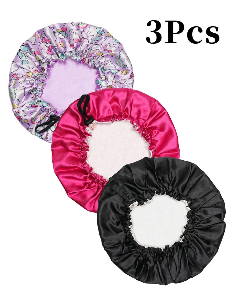 3-Piece Kids Printed Drawstring Button Elastic Double-Layer Satin Hat, Casual Breathable Comfortable Daily Wear Headwear