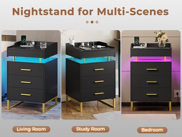 Sikaic LED Nightstand With Charging Station And 3 Drawers And 1 Pull-Out Tray Led Nightstand Furniture Home Table Bedroom