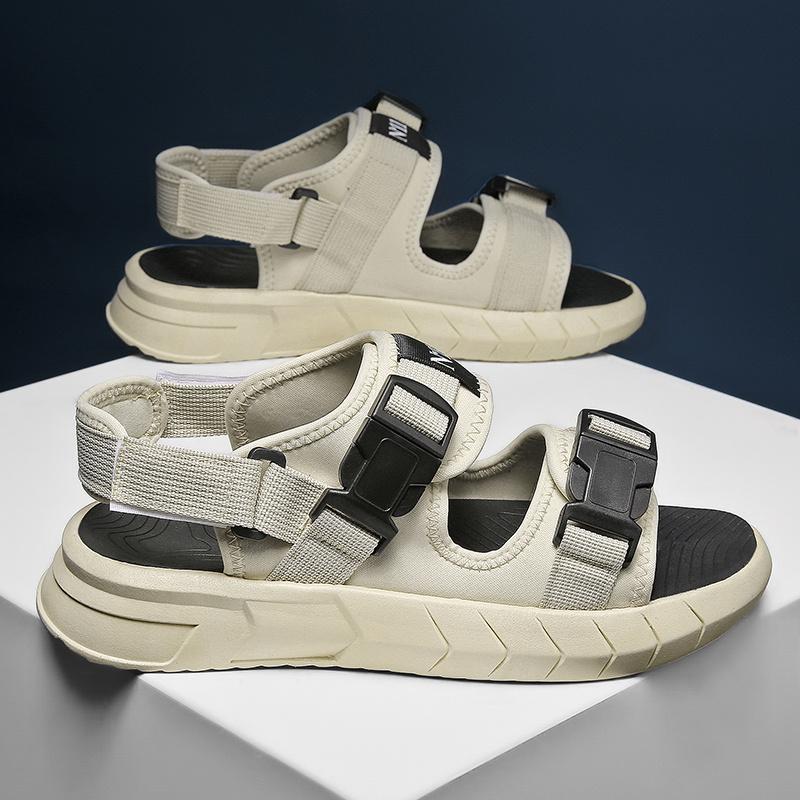 Men's sports sandals and slippers - beige fabric upper, black straps and buckles, TPR sole, Velcro closure, comfortable outdoor sports shoes for all-day wear