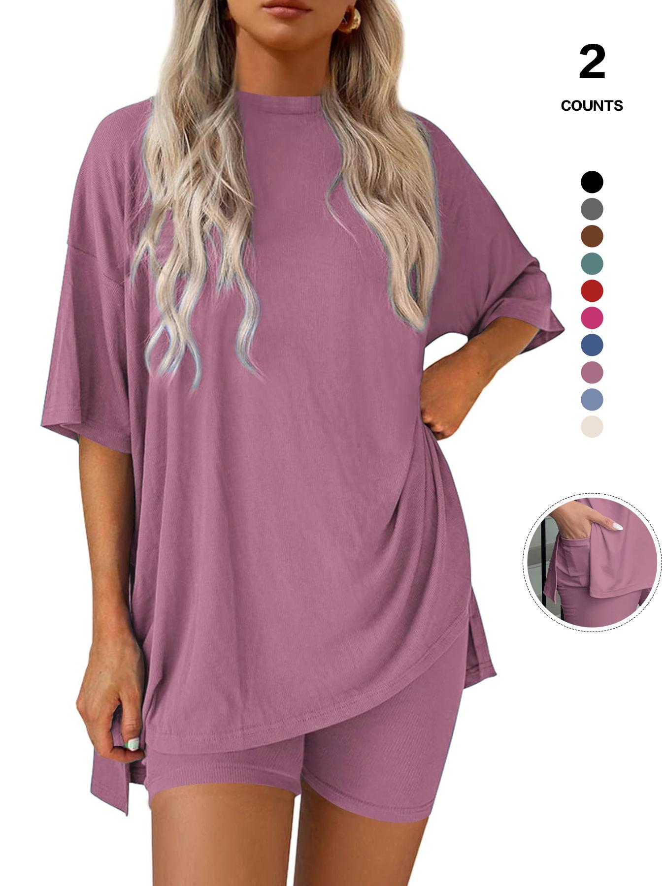 Women's Solid Color Tee & Skinny Elastic Shorts Loungewear Set, Comfortable Round Neck T-Shirt & Shorts, Perfect for Summer Sleepwear