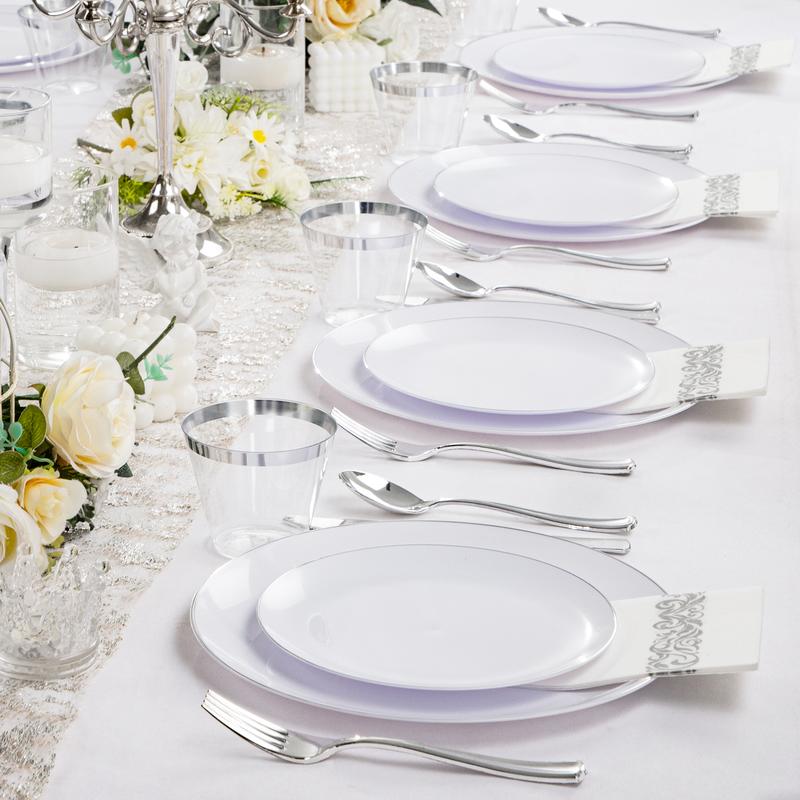 Gold/SilverDisposable Plates and Silverware Set: Dinner Plates,Dessert Plates, Cups,Napkins,Knife, forks, spoons 70 of each.-Perfect for Party