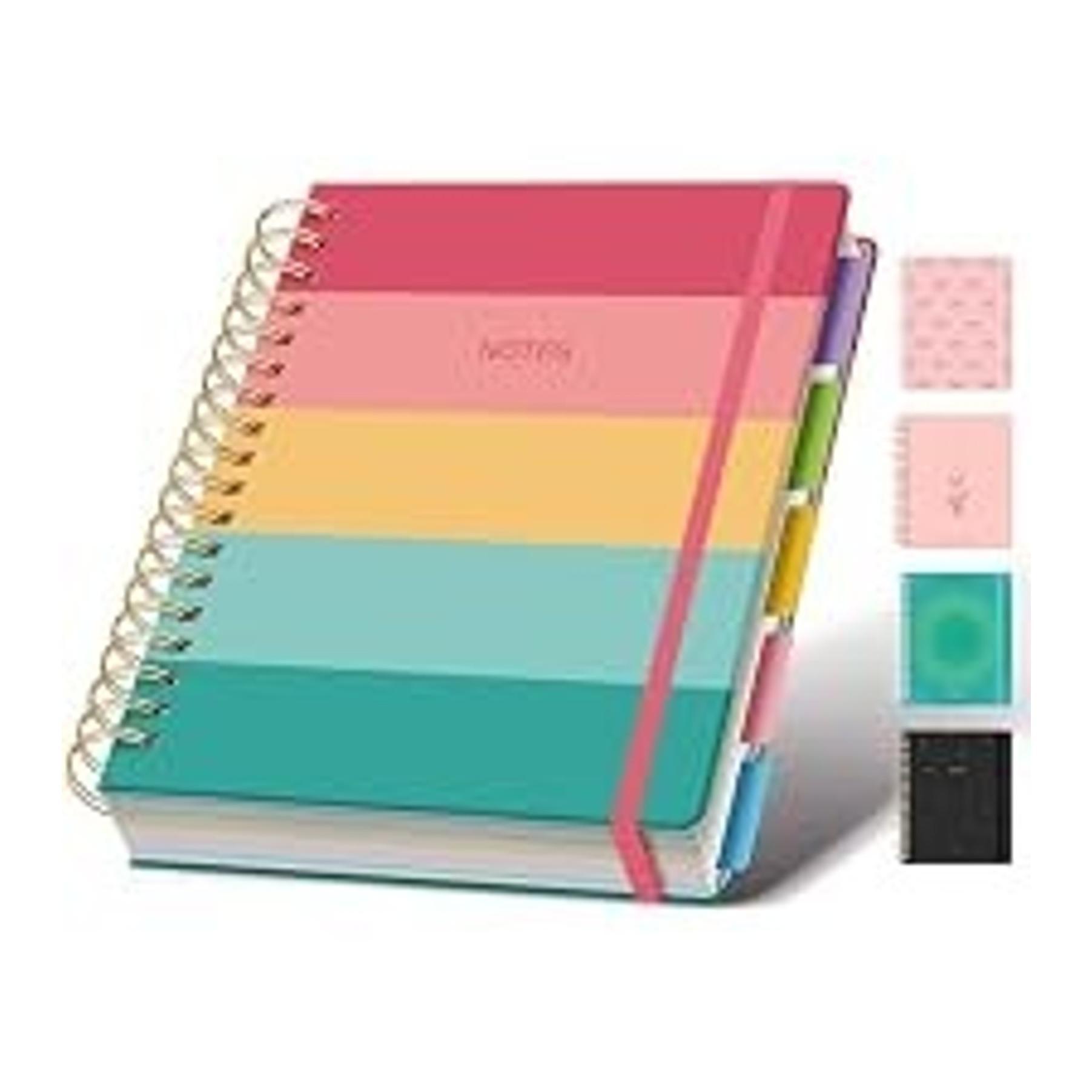Hardcover Spiral Notebook Journal for Women & Men, Cute 5 Subject Notebook College Ruled for School & Work, Pink Journaling Notebooks with Removable Dividers Tabs, 8" x 10", 300 Pages, Bows