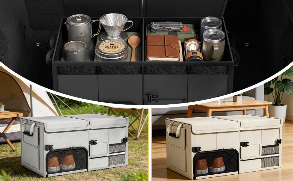 Foldable Car Trunk Organizer with Multi-Compartment – Expandable 30-60L Storage Bin, Side Mesh Pockets, Waterproof 600D Oxford Cloth, Car Accessories for SUV/Truck/Sedan, Beige, 23.6"x13.0"x11.8"