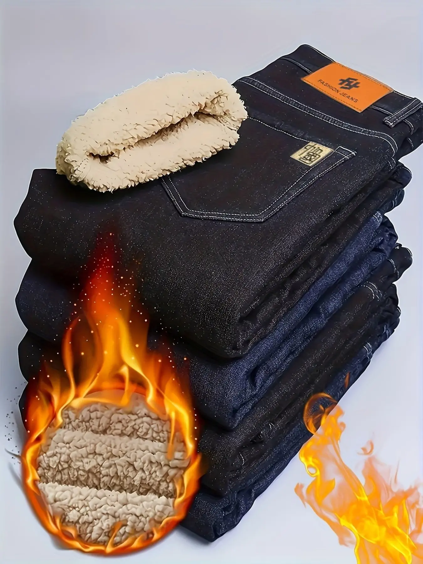 Men's Fleece Lined Jeans, Winter Slim Straight Leg, Thick Warm Casual Pants, All Seasons Loose Fit Street Style