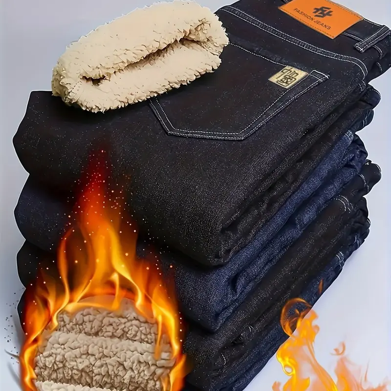 Men's Fleece Lined Jeans, Winter Slim Straight Leg, Thick Warm Casual Pants, All Seasons Loose Fit Street Style