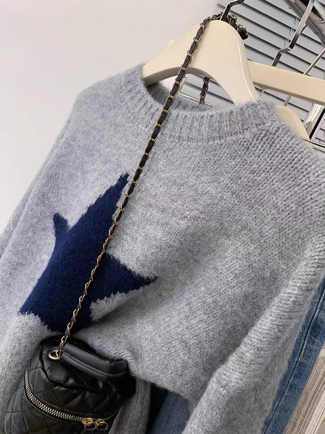 Daily Casual Commute Star Pattern Loose Long Sleeve Elegant Round Neck Lightweight Knit Sweater, Women's Fall & Winter Fashion, Comfortable Daily Wear