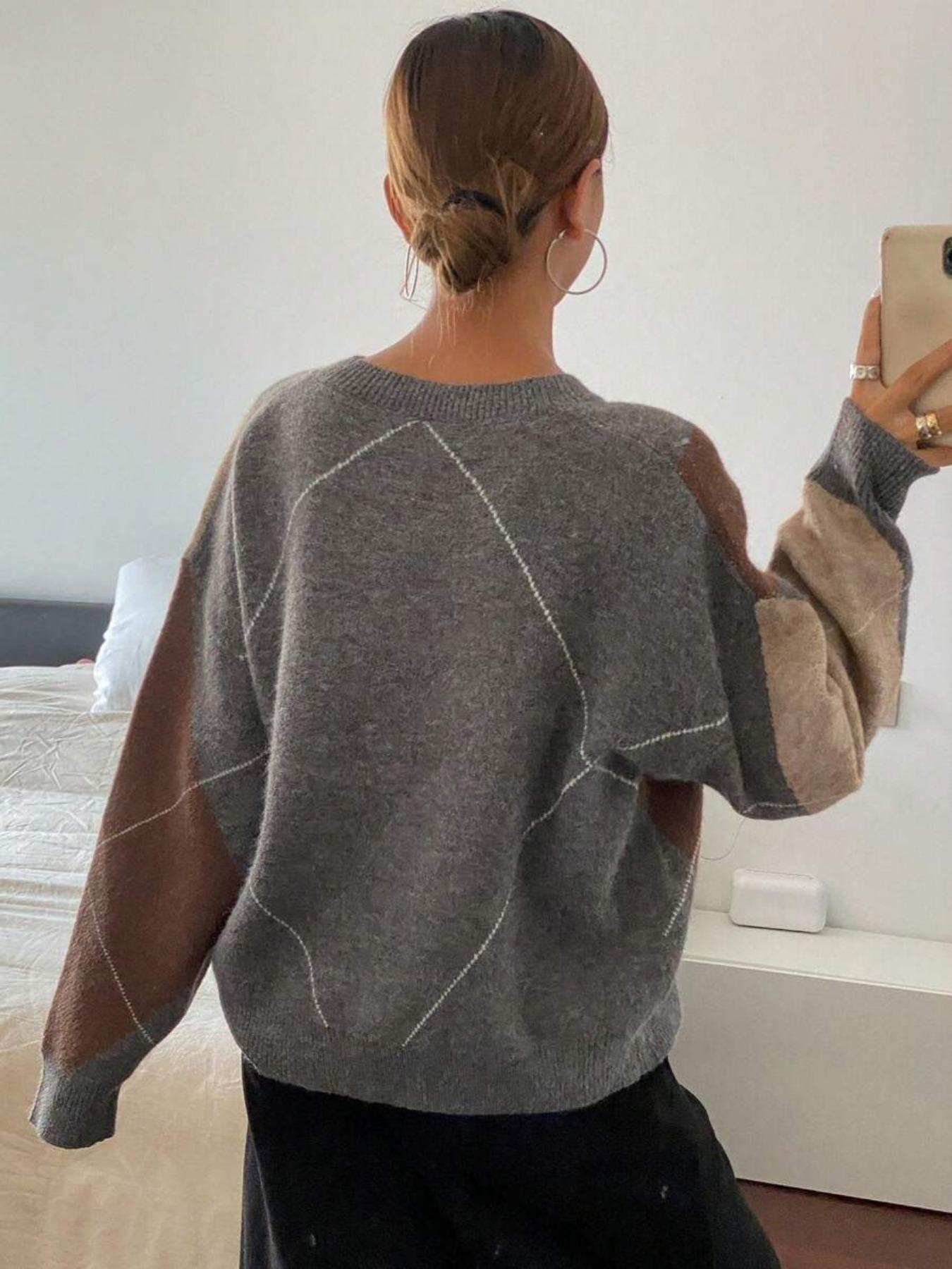 Women's Plaid V Neck Long Sleeve Pullover Sweater, Autumn Winter Loose-Fit Colorblock Casual Fashion Cozy Knit Top, Knitwear