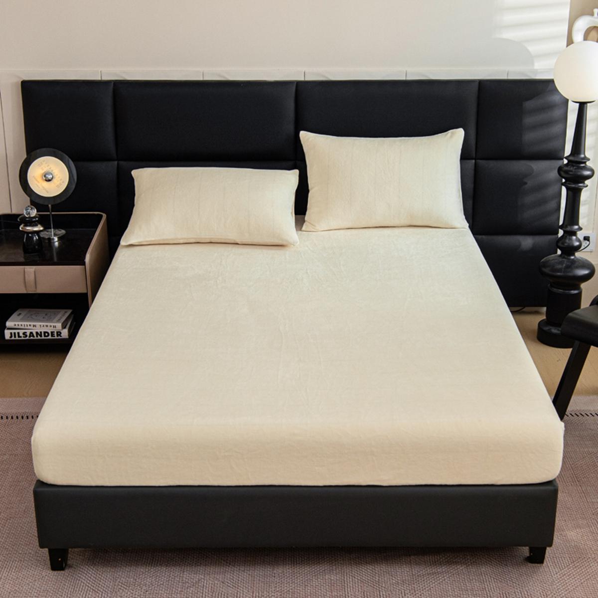 2pcs/3pcs Warm Solid Color Mattress Protector & Fitted Sheet Set – Includes 1 Deep Pocket Fitted Sheet + 2 Pillowcases, Soft Noiseless Breathable & Stain-Resistant, Machine Washable, Ideal for Bedrooms, Guest Rooms, Apartments, Dorms, and Homes with Kids,