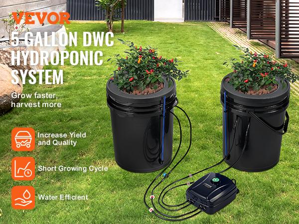 VEVOR DWC Hydroponics Grow System, Hydroponic Growing System with Top Drip Kit, Deep Water Culture 5-Gallon 2 Buckets, with Air Pump, Air Stones and Water Level Device for Leafy Vegetables