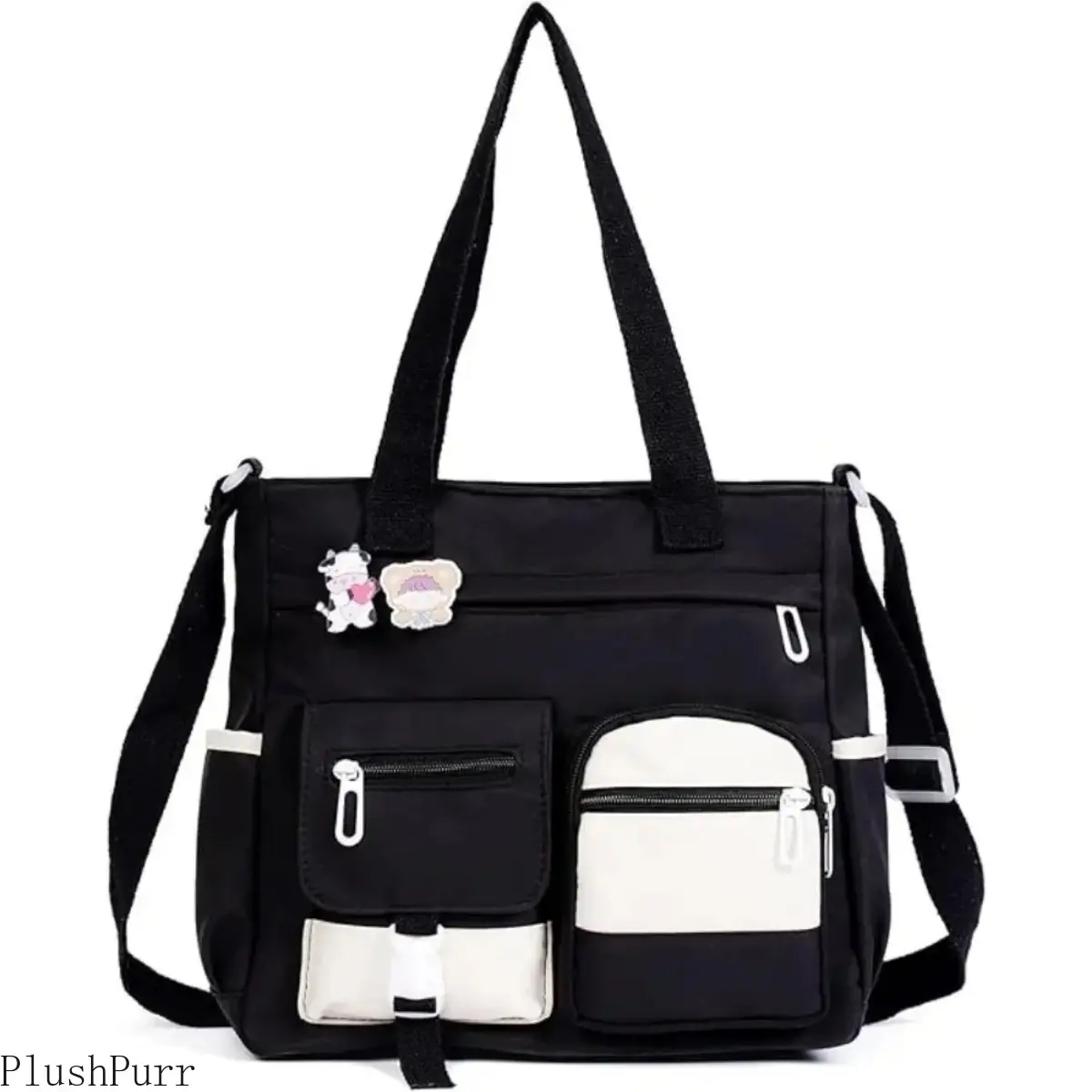 Waterproof Oxford Nylon Large Capacity Tote Bag, Color Block Multi Pocket Detachable Strap Crossbody Shoulder Handbag for Student School Daily Commute