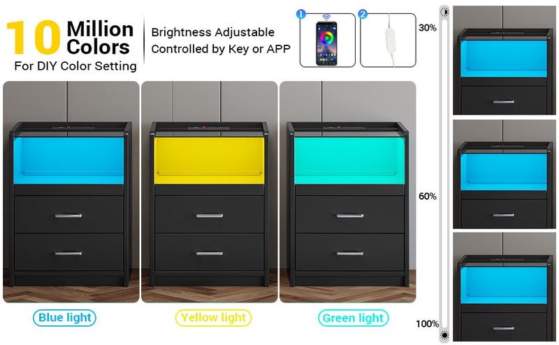 Sikaic LED Nightstand With Charging Station Drawers Modern End Table Bedside Cabinet