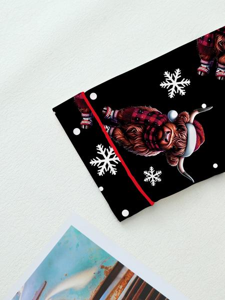 Women's Highland Cow Christmas Pajamas Set, Winter Thermal Long Sleeve Loungewear, Elastic Waist Pants, Black Soft & Cute Outdoor Christmas Costume, with Christmas Animal Hat, Tree, Snowflake, Candy Prints, Christmas Gift