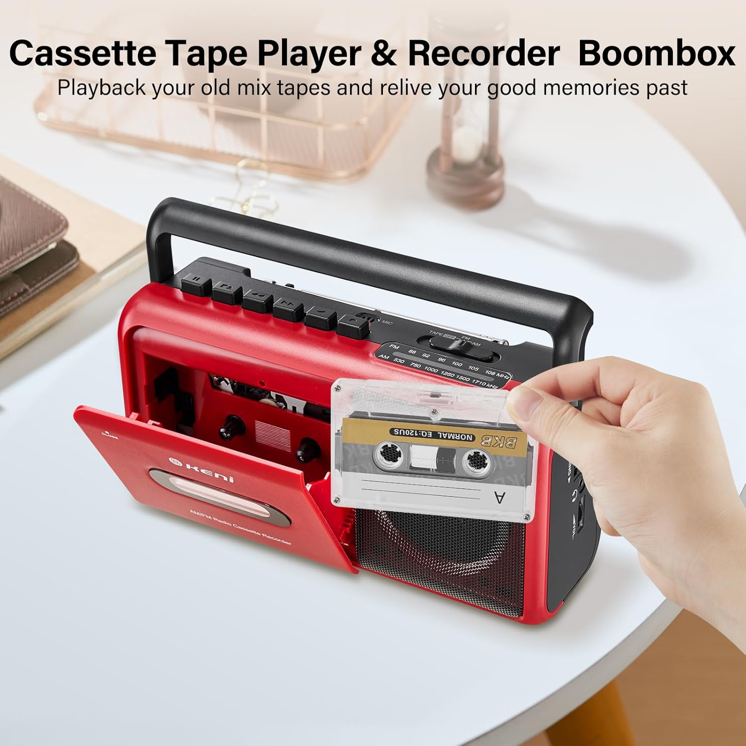 Portable Cassette Player Boombox AM/FM Radio Stereo, Casette Tape Player Recorder with Earphone Jack  Operated or AC  (Red)