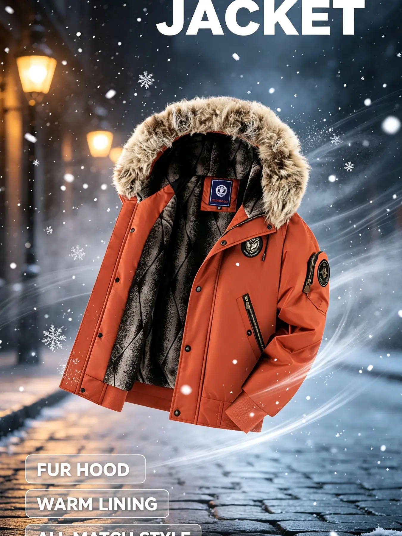 Men's Winter Hooded Fleece Long Sleeve Jacket, Warm Waterproof Ski Coat, Zip Pockets, Windproof Outdoor Insulated Parka with Detachable Hat