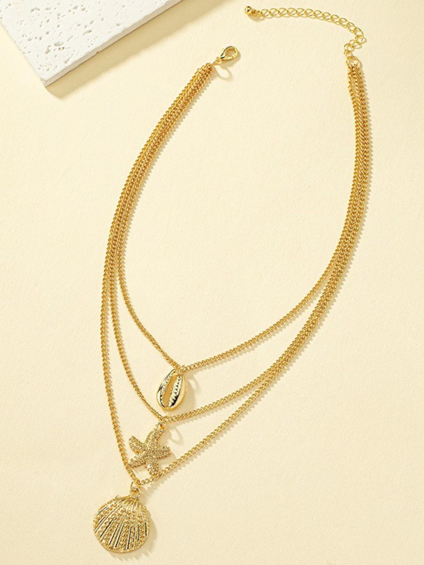Boho Three-Layer Ocean Element Necklace Set, Gold Beach Summer Versatile Women's Collarbone Chain, Daily Casual Accessory
