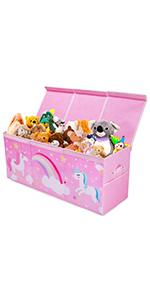 Unicorn Extra Large Toy Box Chest with Flip Lid for Kids, Collapsible Oxford Toy Storage Box with Handles Mesh Pockets, Sturdy Waterproof Toy Box for Bedroom Playroom, 37.7×12.5×15.7 Inch