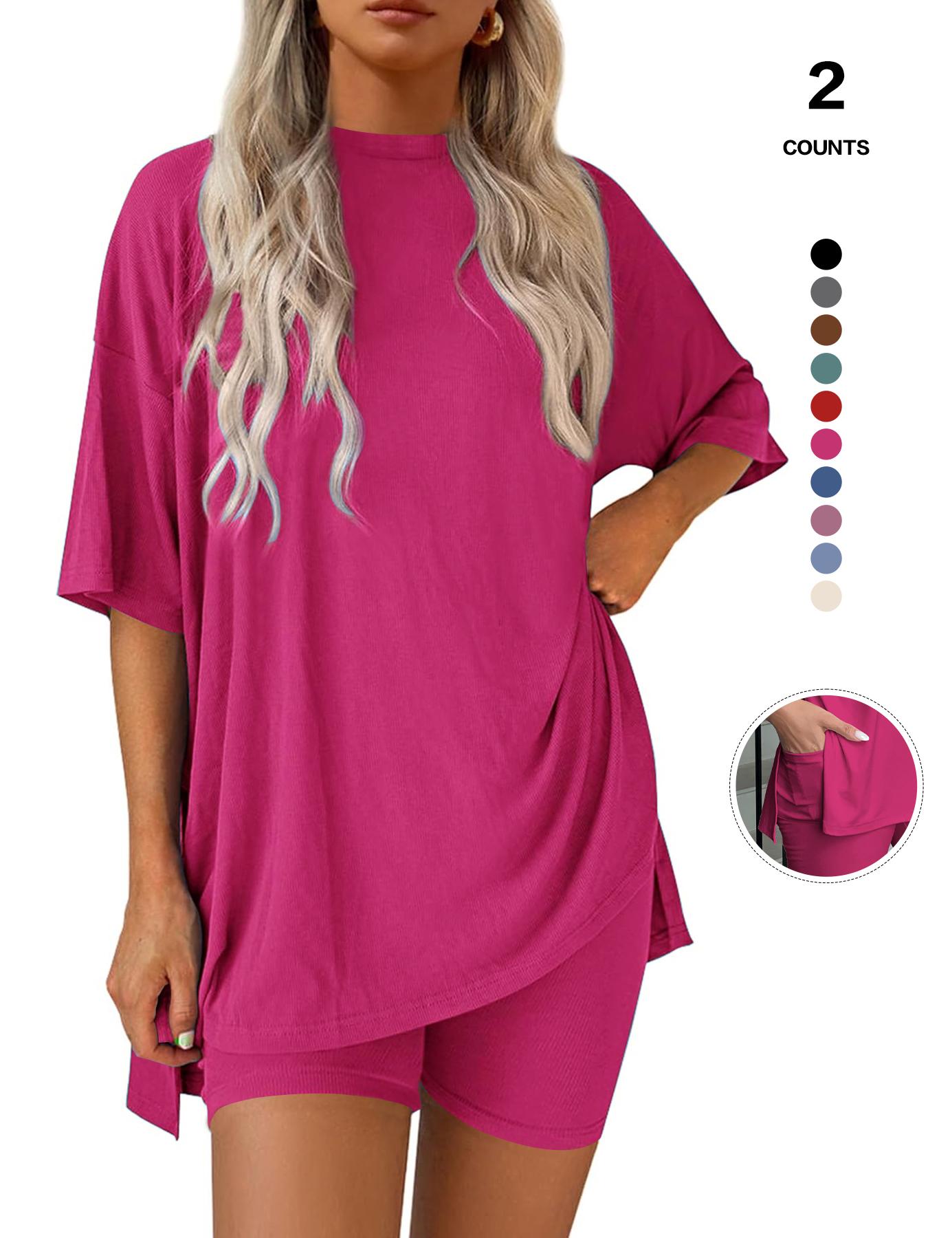 Women's Solid Color Tee & Skinny Elastic Shorts Loungewear Set, Comfortable Round Neck T-Shirt & Shorts, Perfect for Summer Sleepwear