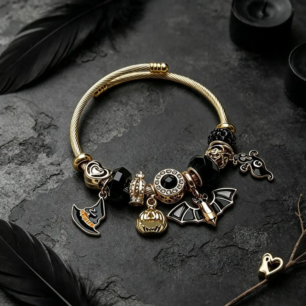 Spooky Season Halloween Charm Bracelet Twisted Cable Bangle Dangle Wristband Witch Hat Pumpkin Bat Ghost Pendants Black Rhinestone Beads Gothic Fall Festive Fashion Jewelry Gift For Women