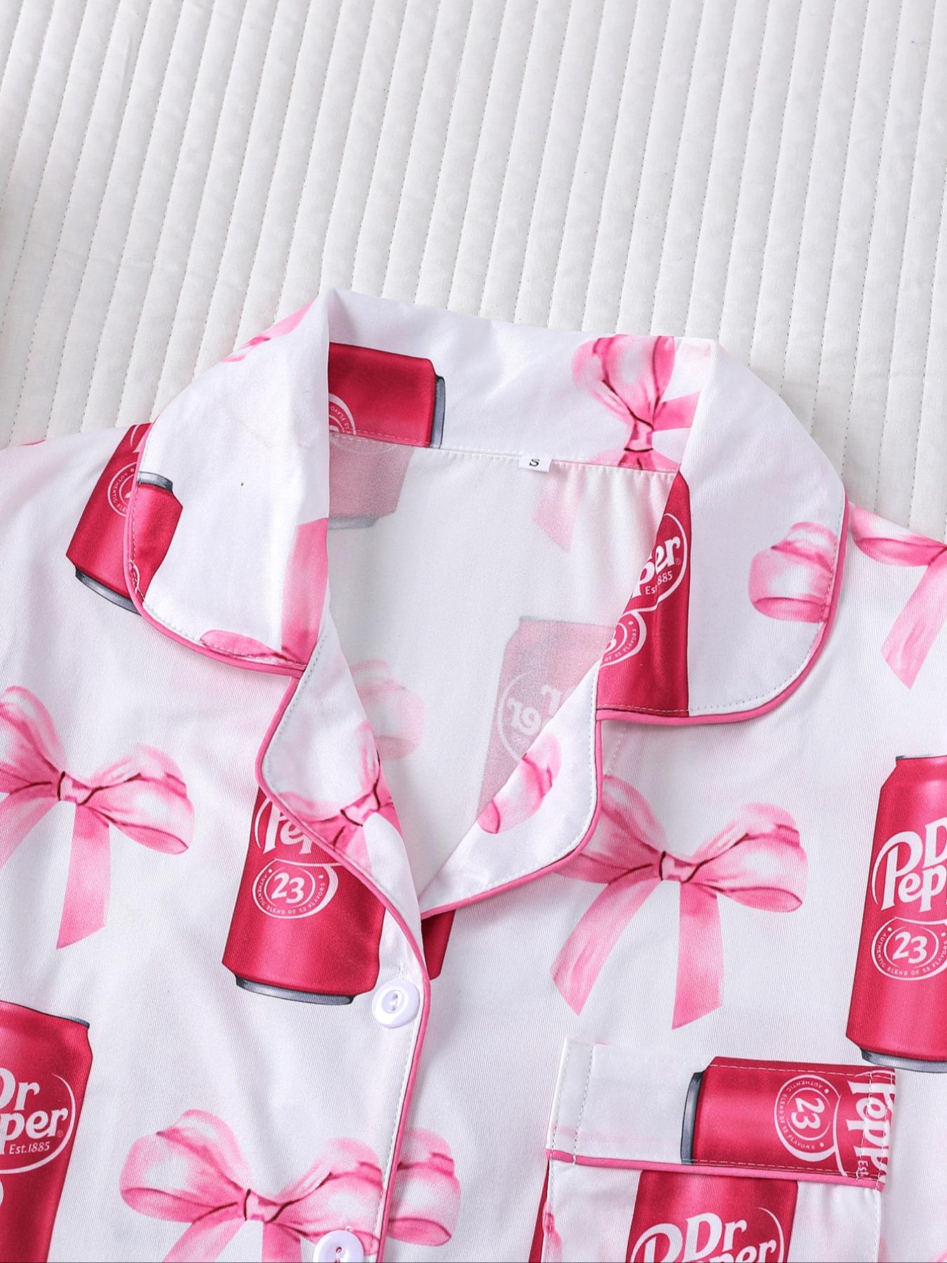 Dr Pepper,Women's Fall Winter Home Set, Soda Pattern Printed Sleepwear, Shirt Collar Button Long Sleeve Top and Loose Elastic Pants, Pajama Set