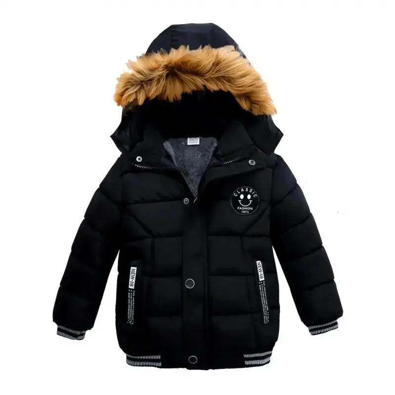 Boys' Casual Black Winter Jacket Coats - Warm Windproof Hooded Polyester Outerwear with Patched Letters, Conventional Cut, Long Sleeve, Woven Plain for 0-3 Years (18-24m/90) Toddlers & Kids