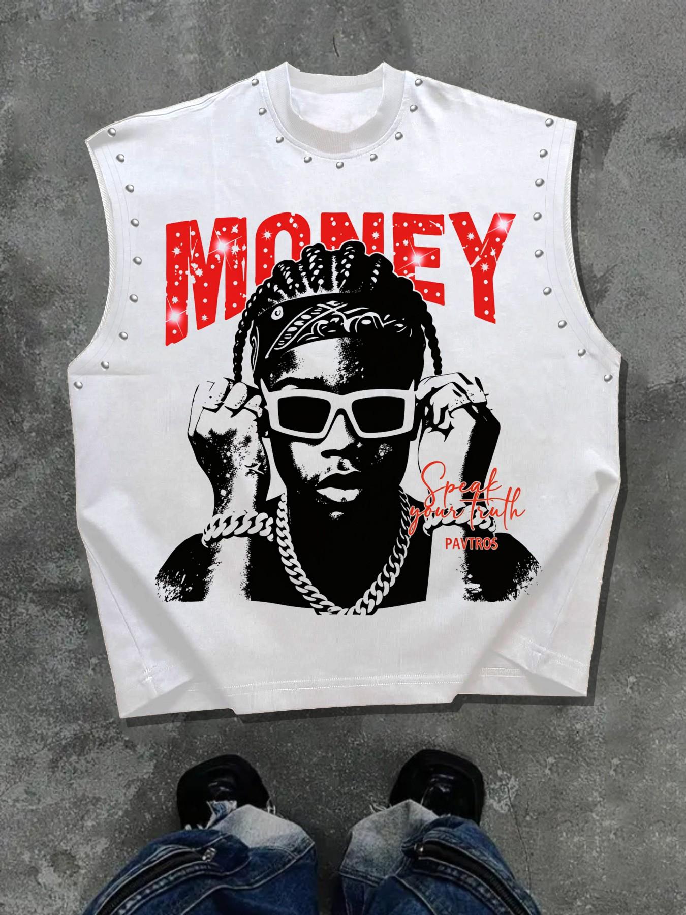 Unisex Sleeveless Tank Top, Graphic Letter Print + Rivet Design, Round ...