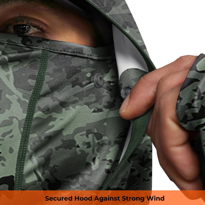 【RODEEL】934 Sun Hoodie Shirts w/ UV Detection Mask Neck Gaiter Thumbhole Men UPF 100+ Sun Protection Long Sleeve Lightweight Quick Dry Moisture Wicking Breathable Cooling Athletic Activewear for Outdoor Sports Fishing Construction Roofing, Holiday Gift