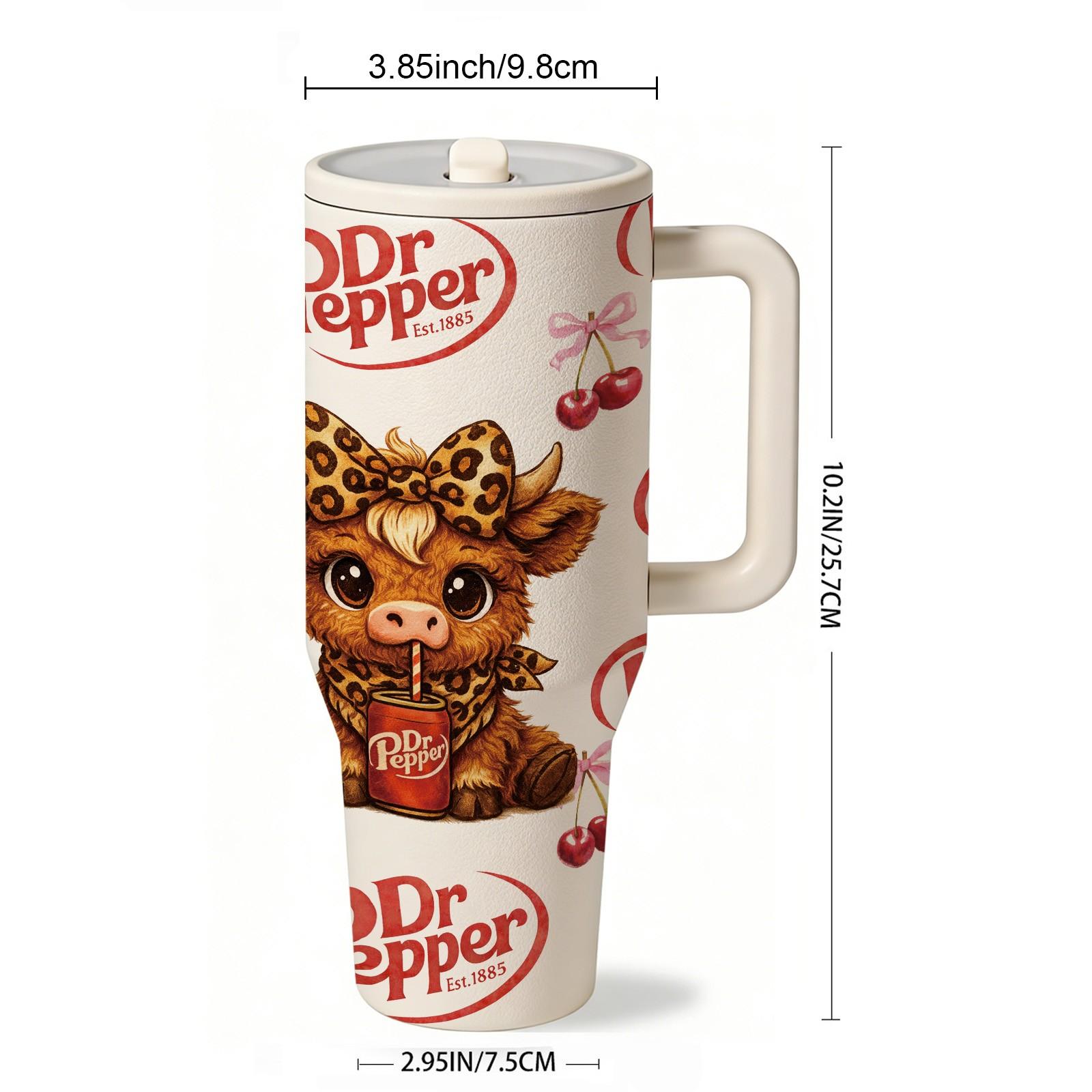 1pc 40oz Insulated Tumbler with Handle, Cow Drinking Soda Graphic Travel Mug, Stainless Steel Tumbler with Lid and Straw, Stainless Steel Thermos, Vacuum Insulated Hot Cold Cup for Coffee Tea Water, Birthday Gift Idea, Daily Use Drinkware
