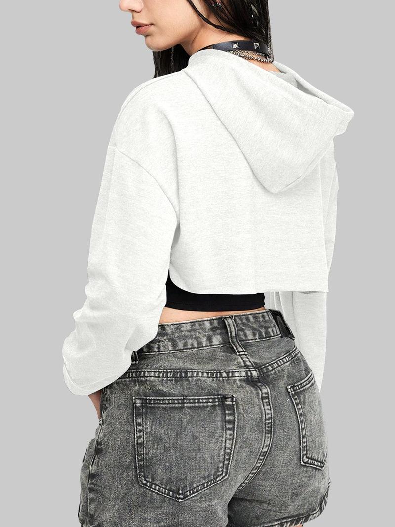 Women's Solid Drawstring Drop Shoulder Crop Hoodie, Casual Long Sleeve Hooded Sweatshirt for Daily Wear, Ladies Clothes for All Seasons, Drawstring Waist Hoodie