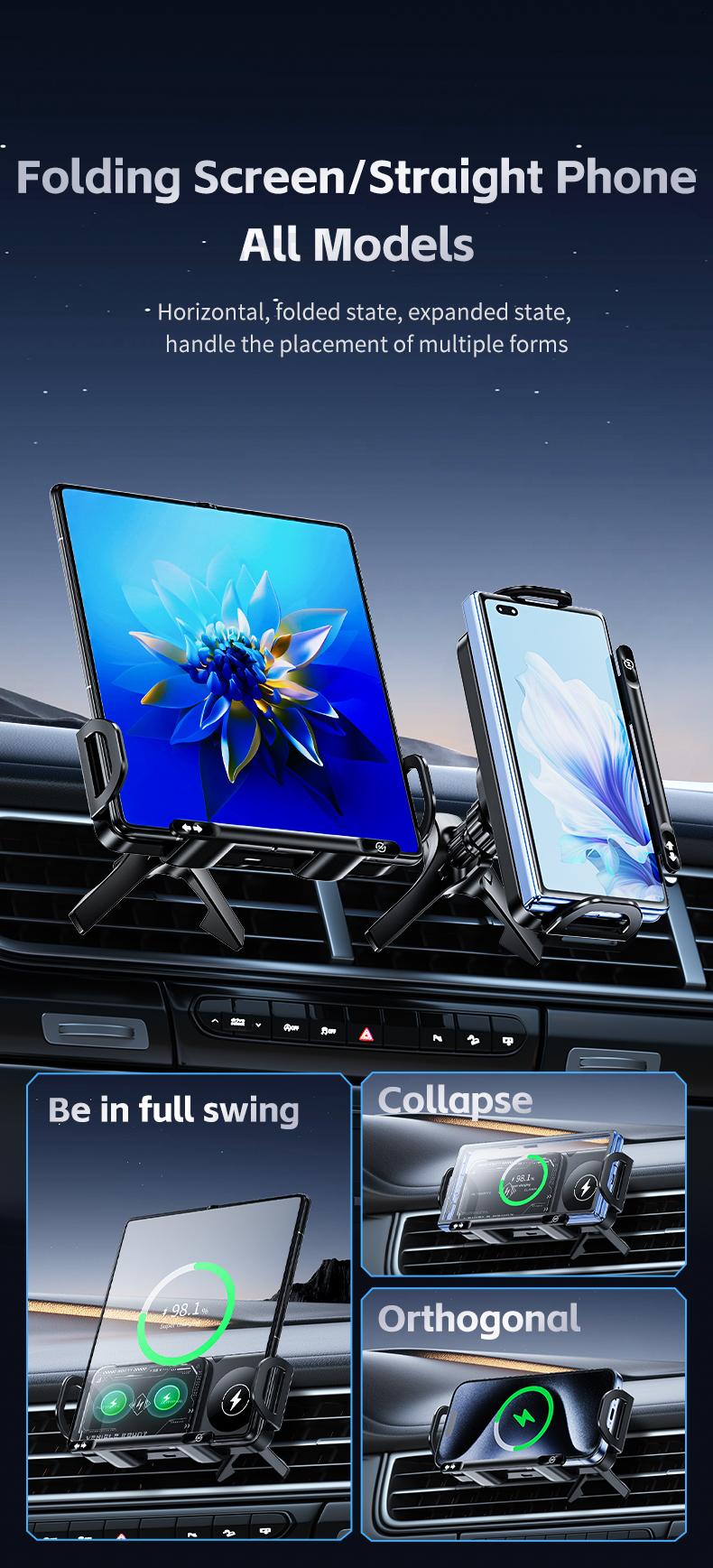 Vehicle Automatic phone holder for car , folding screen phone/tablet stand 15W wireless charger, 90-degree rotation, installed on car air outlet/center console, suitable for Samsung Galaxy ZFold6/5/4/3 Galaxy Z Fold/Notes other wireless charging phones