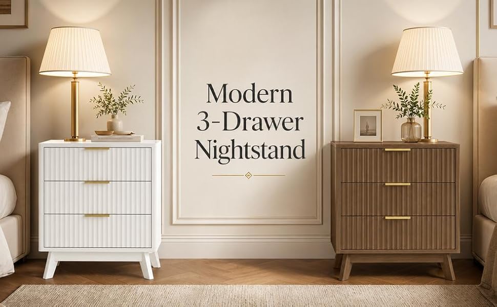 Modern 2-Piece Nightstand Set, 24" Wide Fluted Wood Bedside Tables with 3 Drawers Each, Bedroom Storage Chest