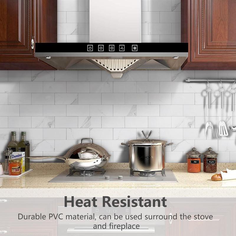 STICKGOO 100PCS Peel and Stick Backsplash, PVC Aluminium Wall Tile, Marble White Stick on Backsplash for Kitchen/Bathroom/Fireplace, Home Interior