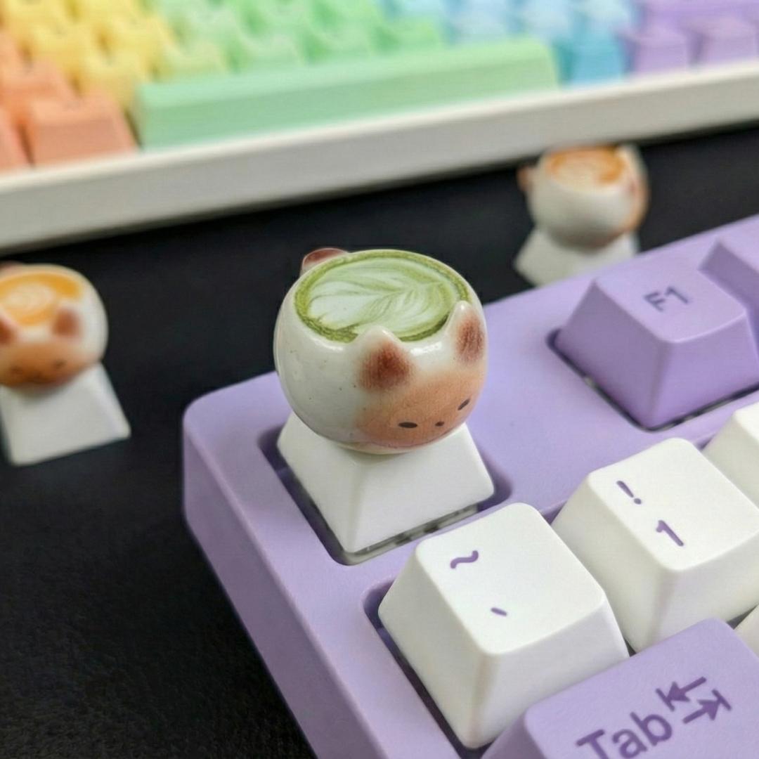 Cute Thai Cat Coffee Cartoon Keycaps, Kawaii Pbt Mechanical Keyboard Caps, Customizable DIY Anime Game Accessories Gift