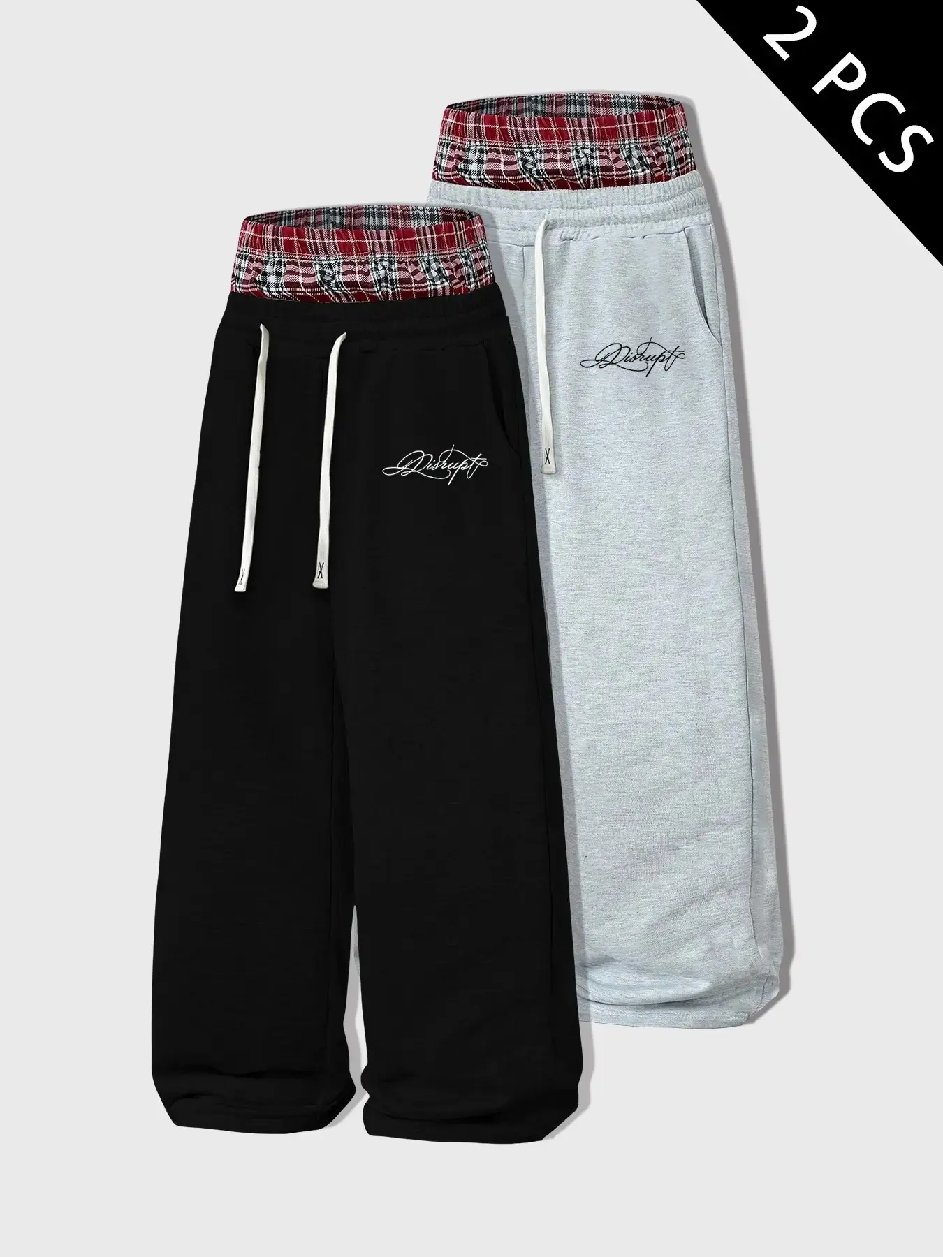 Men's Two-Piece Wide Leg Sweatpants, Check Contrast Double Layer Waist, Y2K Street Style, Elastic Drawstring, Side Pockets