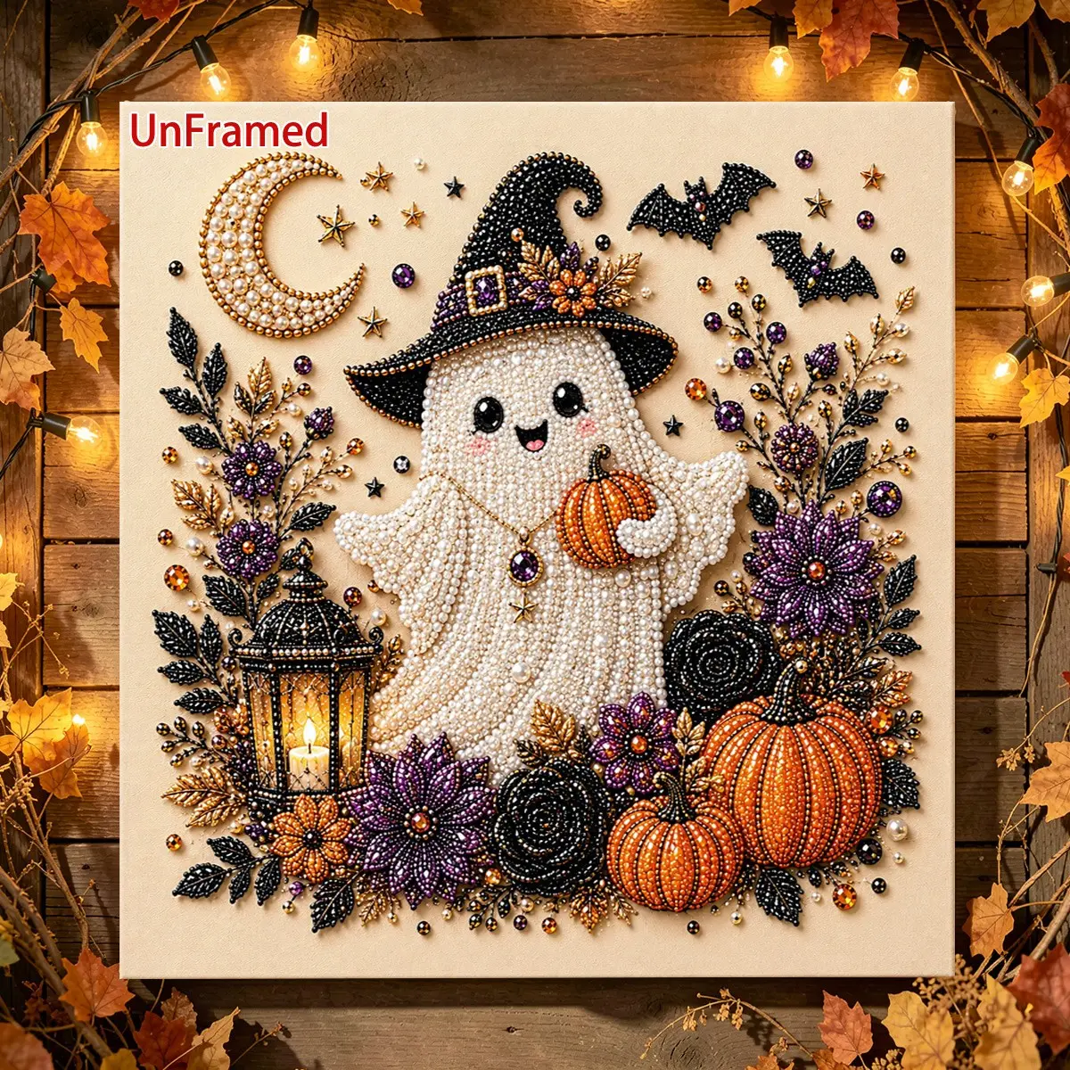 Halloween Ghost Pearl Art DIY Kit, Pumpkin Ghost Magic Hat Bat Moon Flower Lantern Crystal Bead Embroidery, 5D Diamond Painting Craft