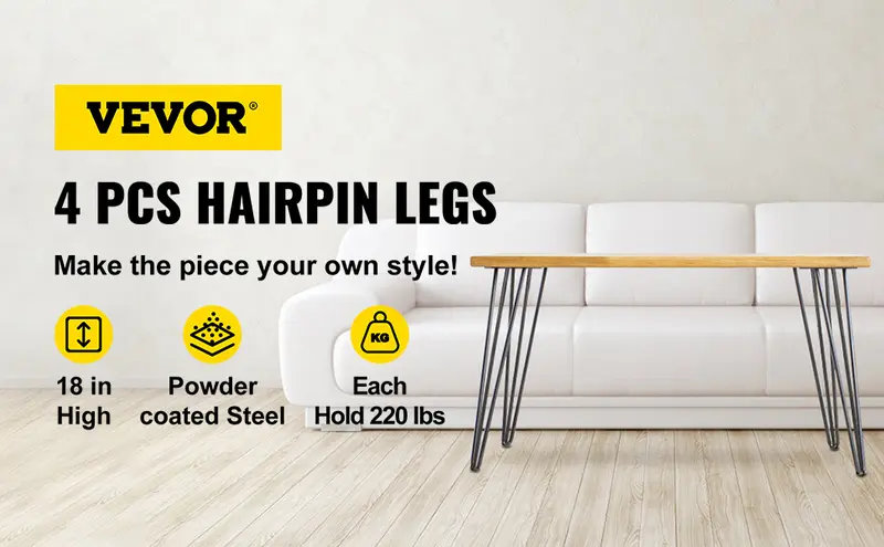 【toolupgrade】VEVOR 18-Inch Black Hair Pin Table Legs (Set of 4), 3-Rod Carbon Steel Heavy Duty Legs with 880lbs Total Load Capacity (220 lbs Each), 4 Rubber Floor Feet Floor Protectors for Desk, Bench, Dining End Table 【toolupgrade】VEVOR 18-Inch Black Hair Pin Table Legs (Set of 4), 3-Rod Carbon Steel Heavy Duty Legs with 880lbs Total Load Capacity (220 lbs Each), 4 Rubber Floor Feet Floor Protectors for Desk, Bench, Dining End Table