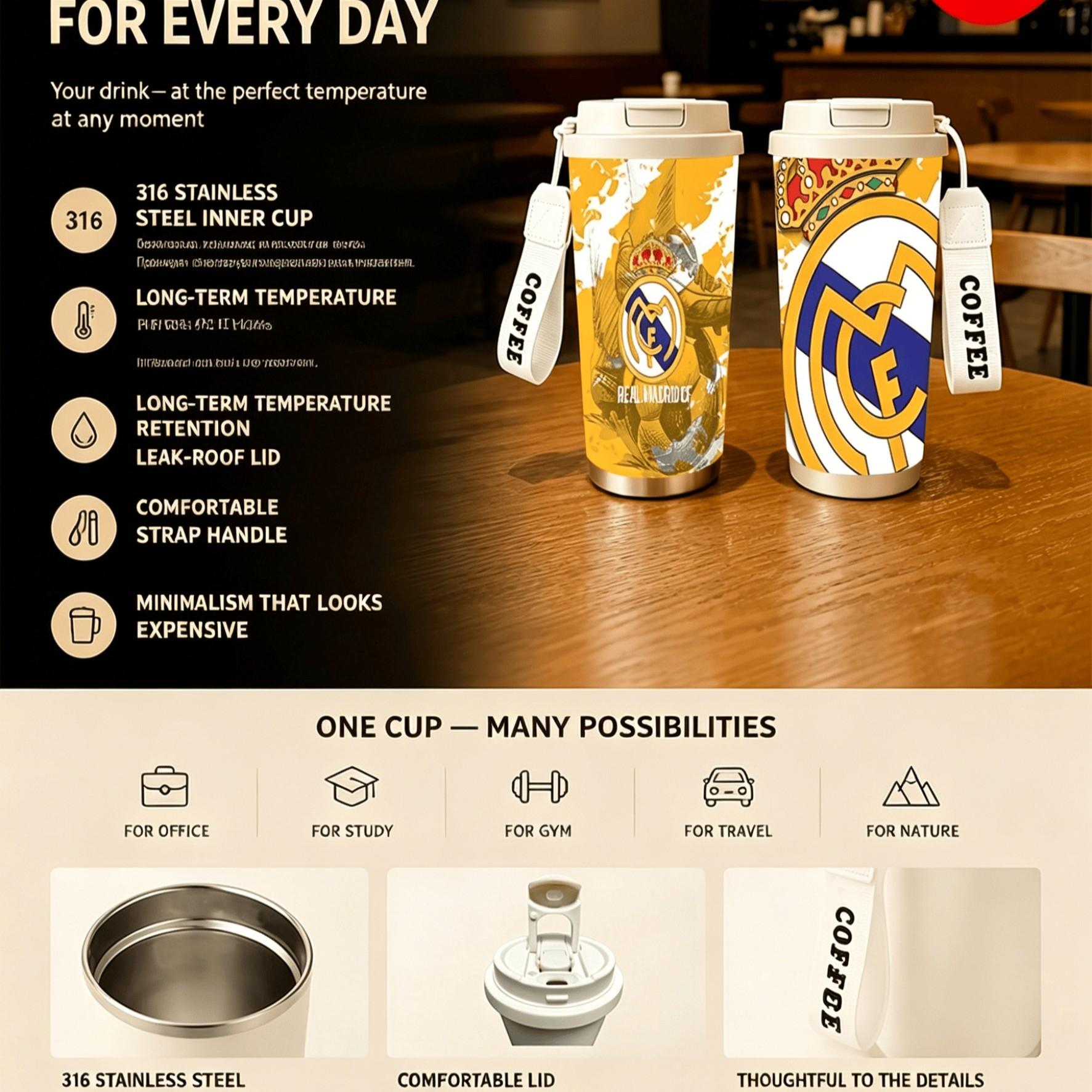 1pc Real Madrid Gold Blue Coffee Cup, 18oz Stainless Steel Insulated Double Wall Travel Mug, Dual Layer Heat Cold Preserve, Car Office Home Outdoor Camping