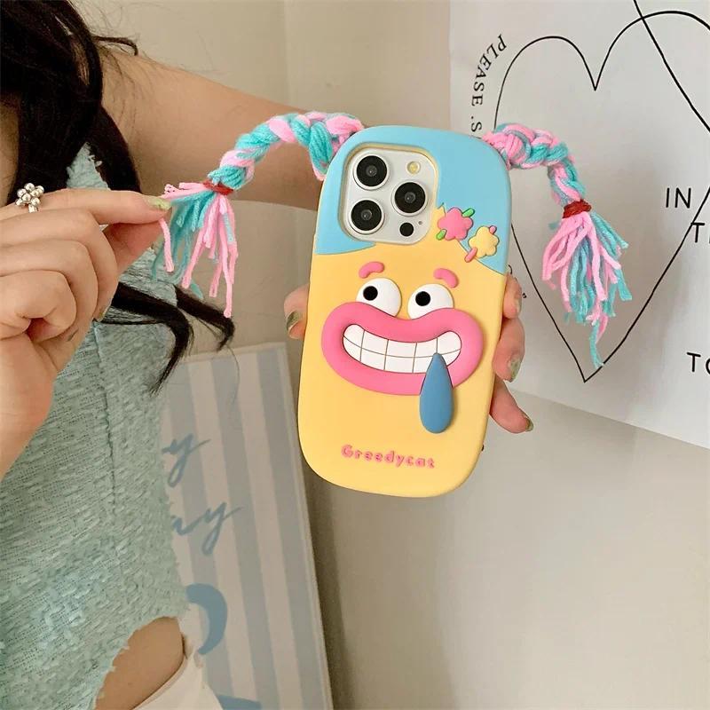 3D Funny long braid cute girl phone case iphone11 12 13 14 15 16 Pro 13pro Max Funny shockproof protection soft silicone Kawaii