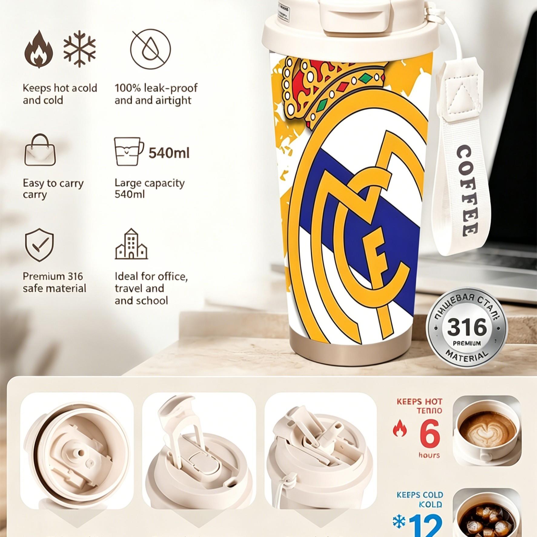 1pc Real Madrid Gold Blue Coffee Cup, 18oz Stainless Steel Insulated Double Wall Travel Mug, Dual Layer Heat Cold Preserve, Car Office Home Outdoor Camping